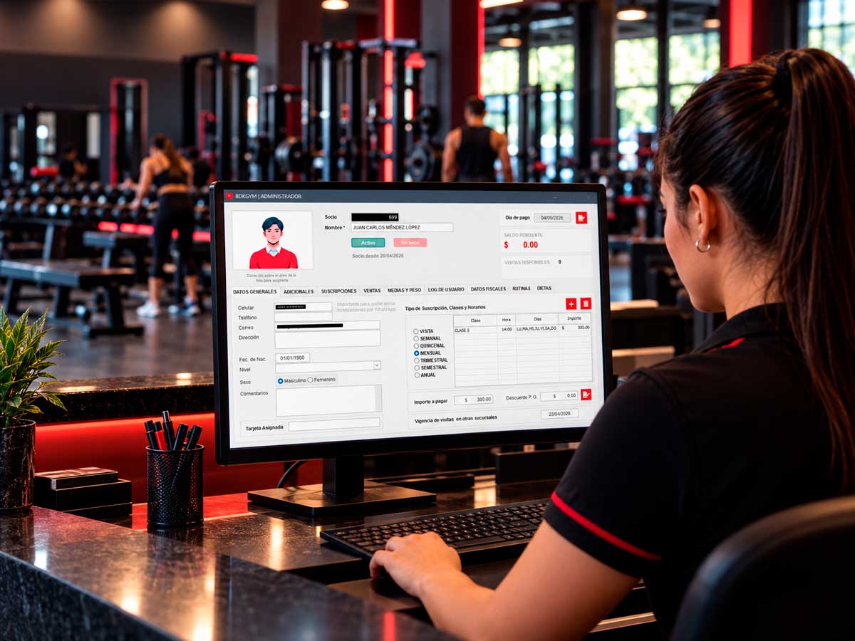 Recepción de un gimnasio consultando el expediente de un socio en BDKGYM
