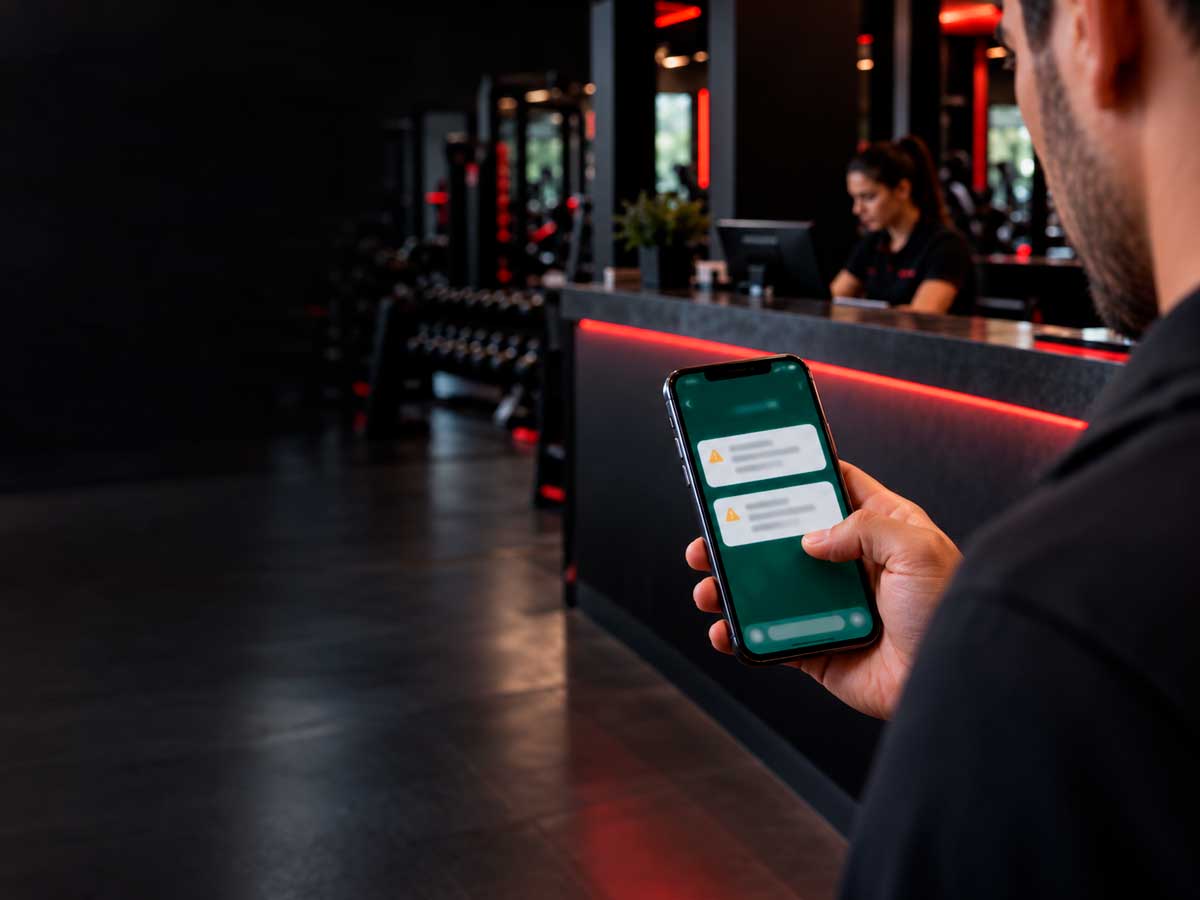 Dueño de un gimnasio revisando alertas en su celular mientras recepción atiende al fondo